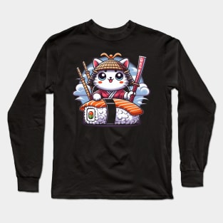 Kawaii Samurai Sushi Cat | Women’s Japanese Cat Lover Long Sleeve T-Shirt